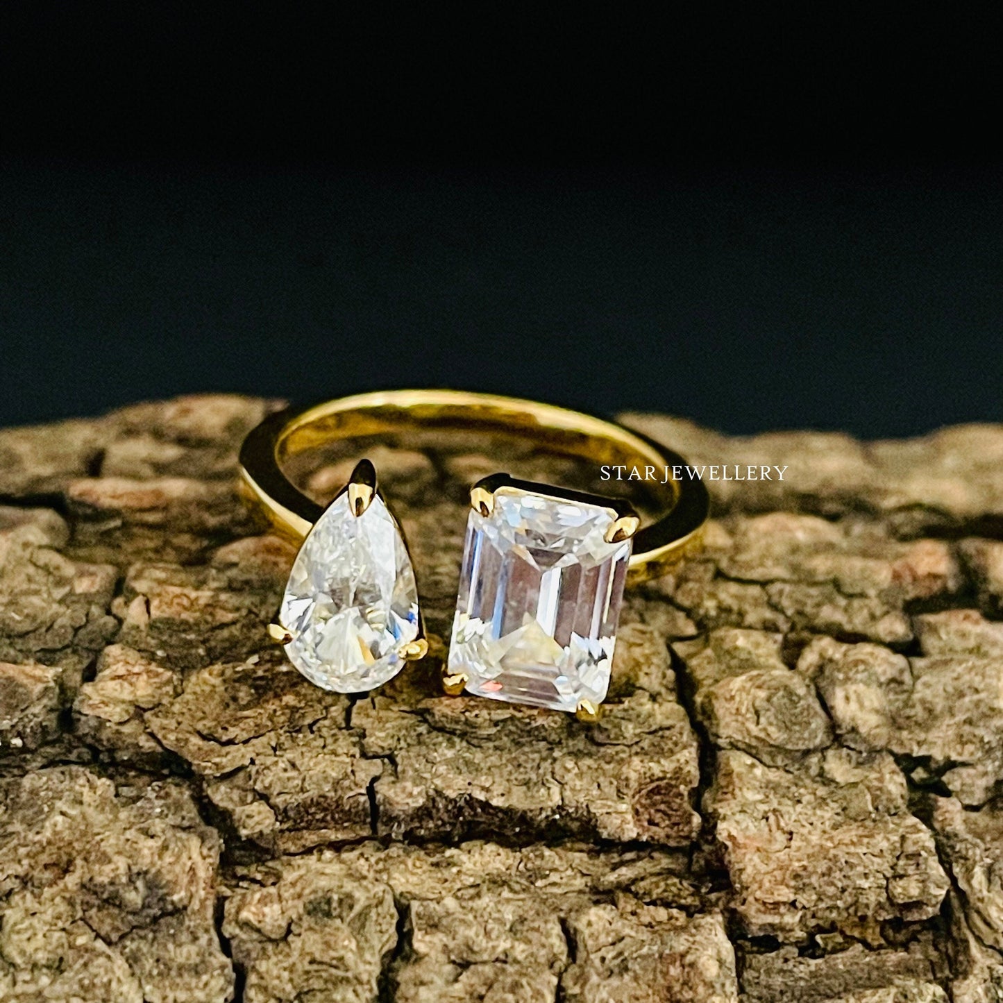 Toi Et Moi Pear Cut and Emerald Cut Lab Grown Diamond Gold Ring