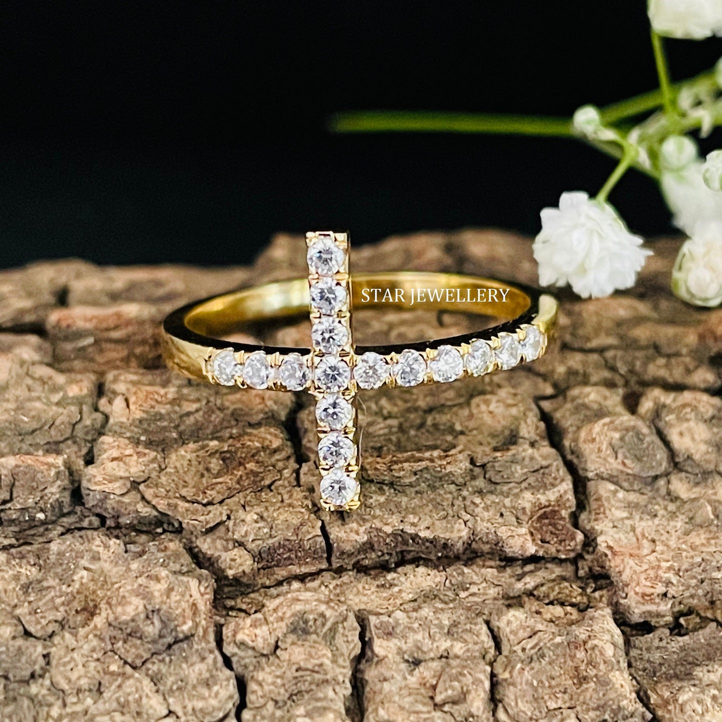 14K Solid Gold Pave Set Diamond Cross Ring
