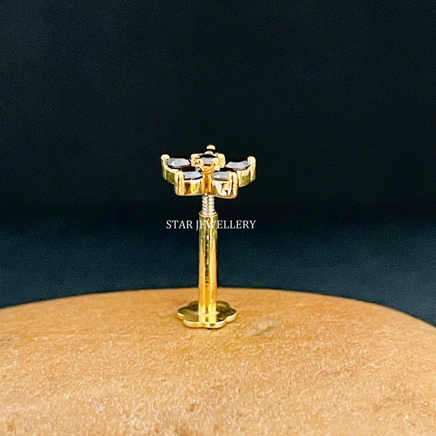 14K Solid Gold Natural Black Diamond Cluster Floral Ear Piercing