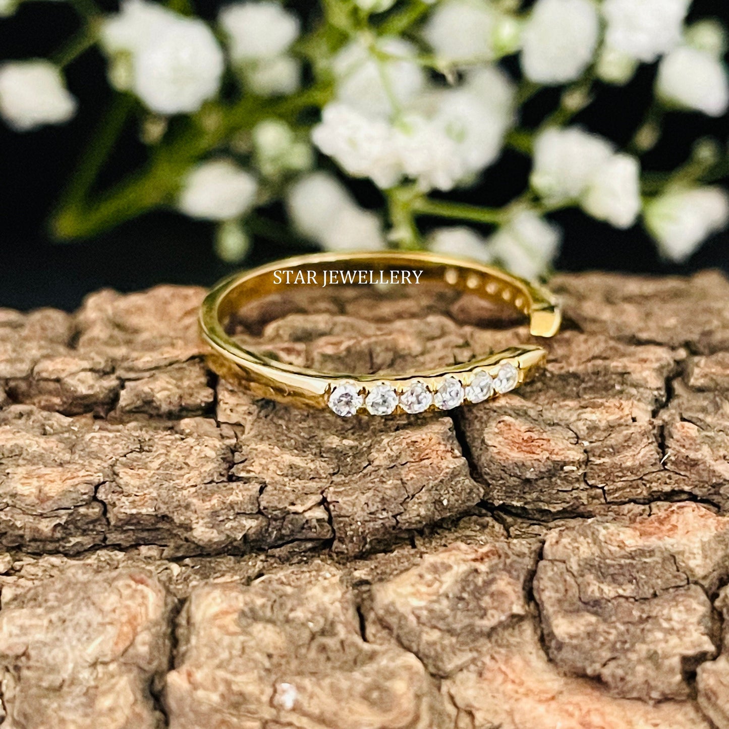 Stackable 14K Solid Gold Pave Set Lab Diamond Open Cuff Ring