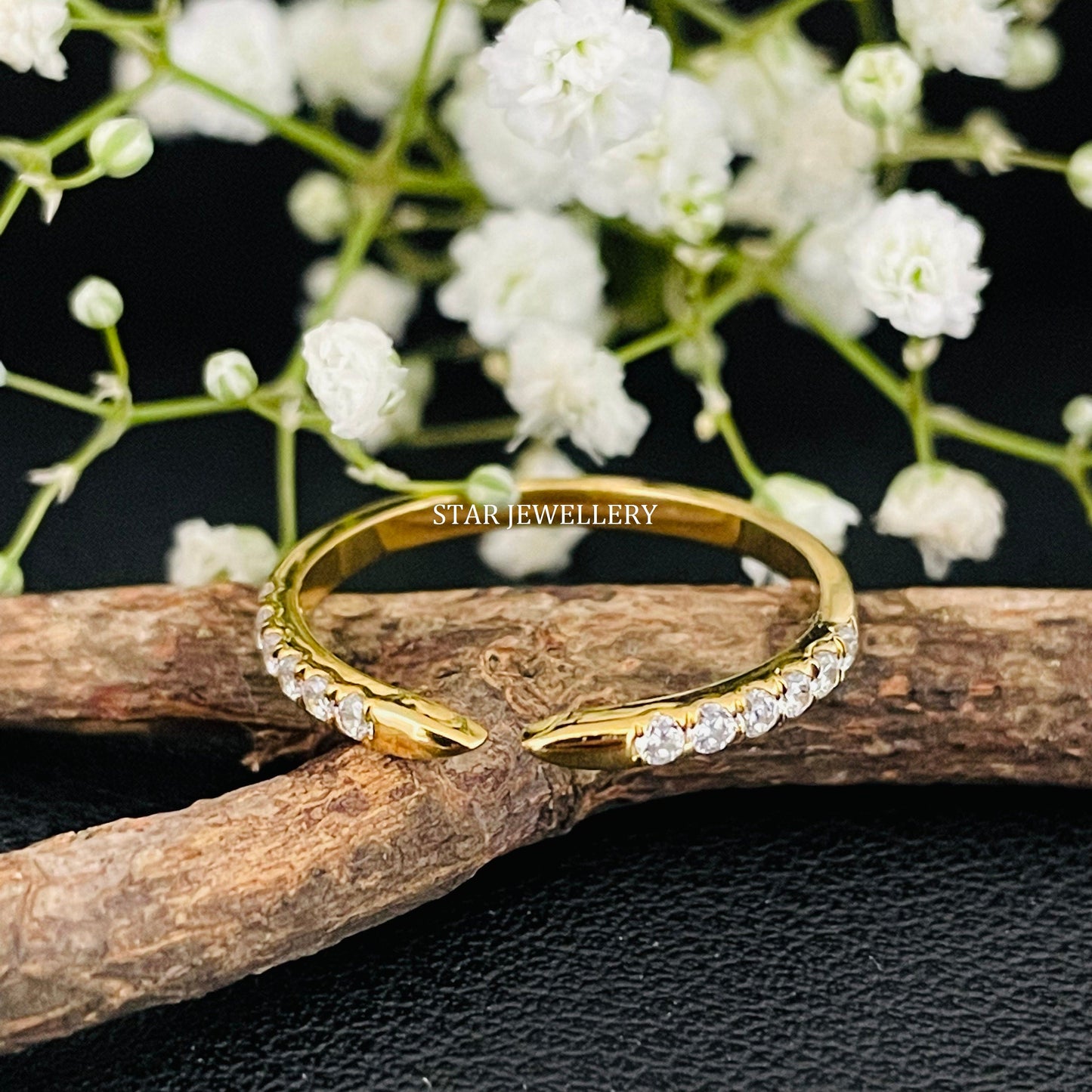 Stackable 14K Solid Gold Pave Set Lab Diamond Open Cuff Ring
