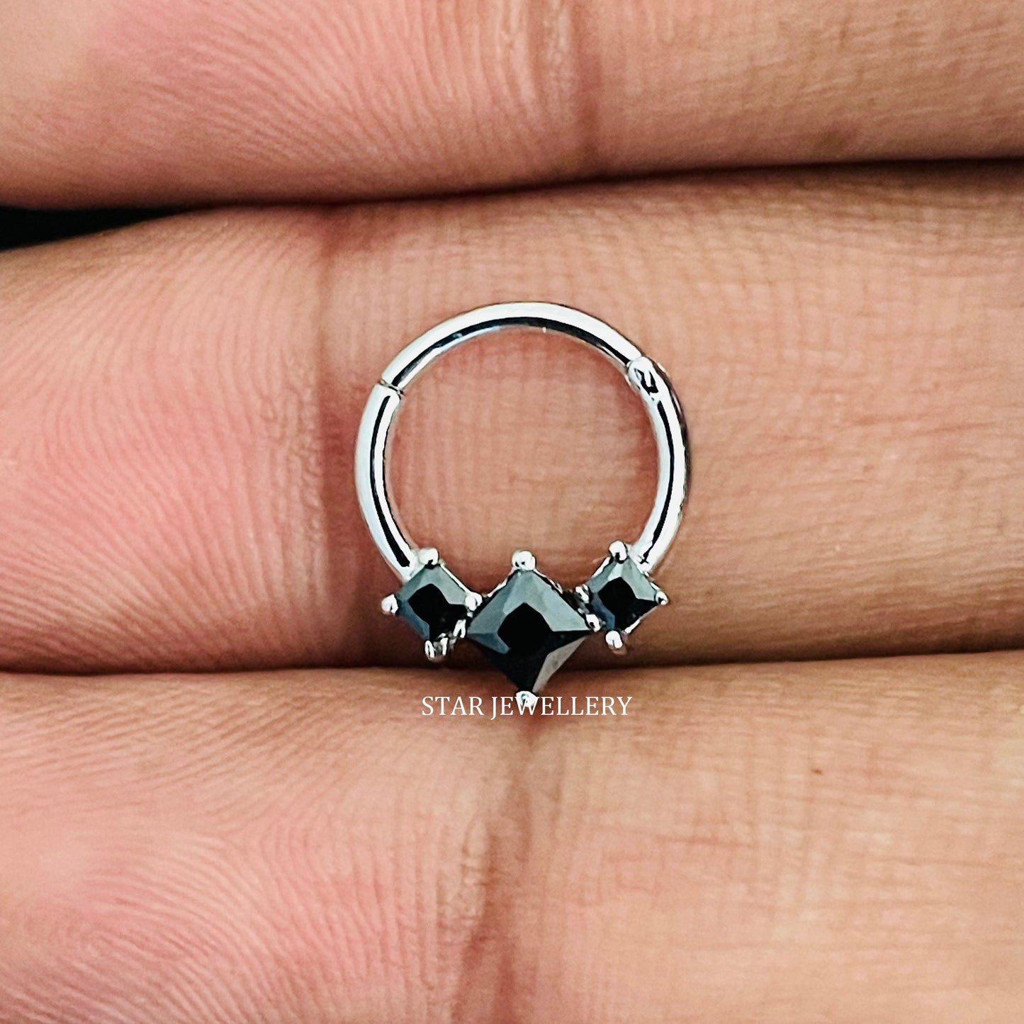 Genuine Princess Cut Black Diamond Trio Stone Septum Clicker