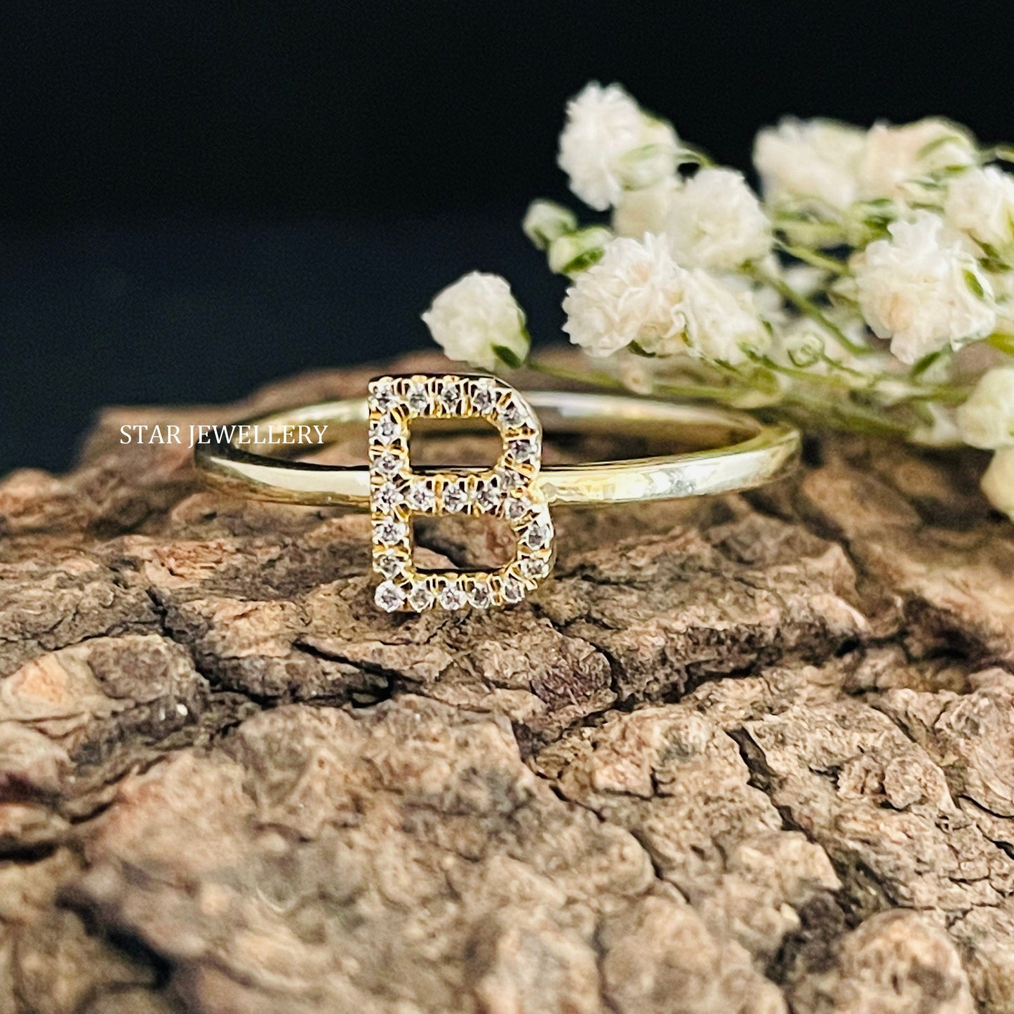 Diamond Initial Dainty Solid Gold Ring