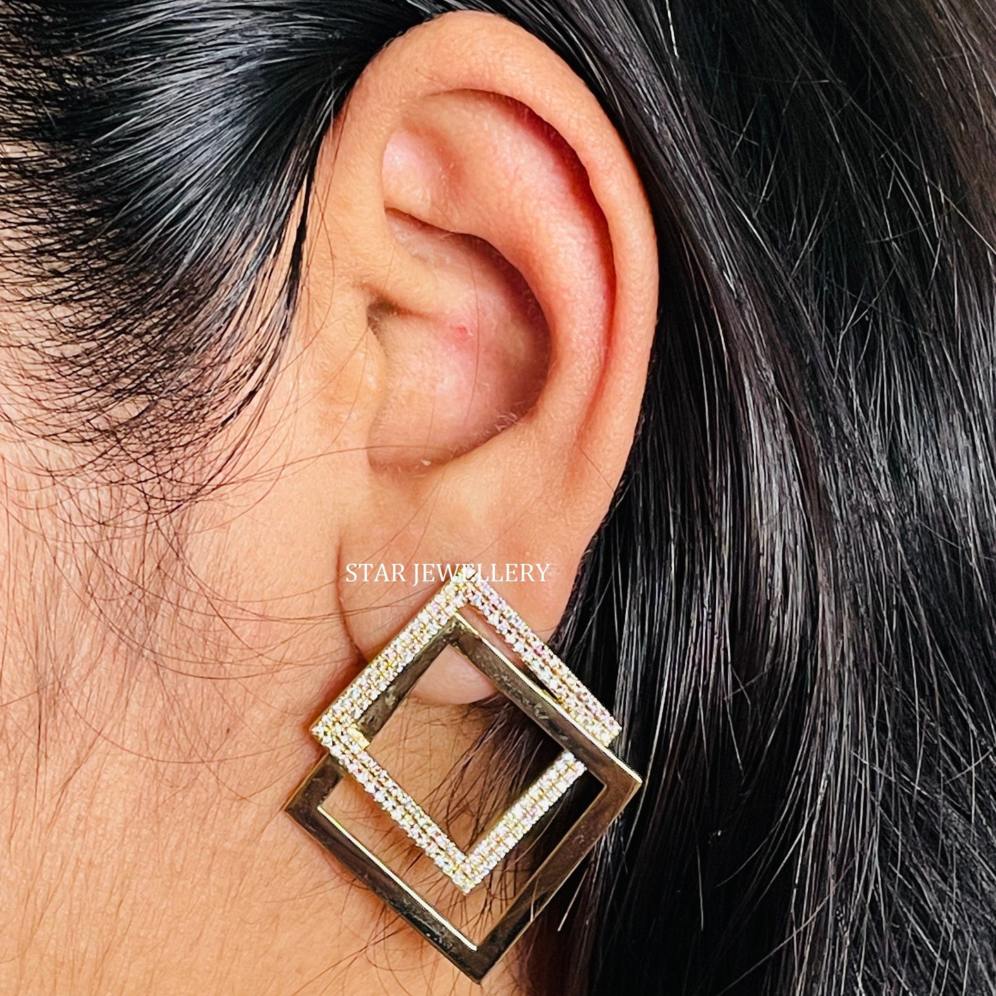 14K Solid Gold Pave Set Diamond Geometric Earring