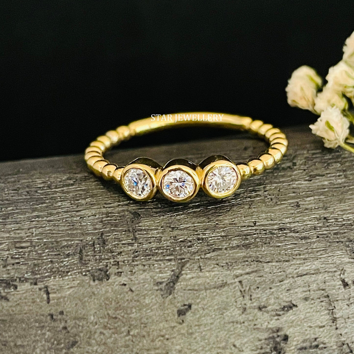 Bezel Set Three Stone LAB Diamond Beaded Shank Diamond Ring