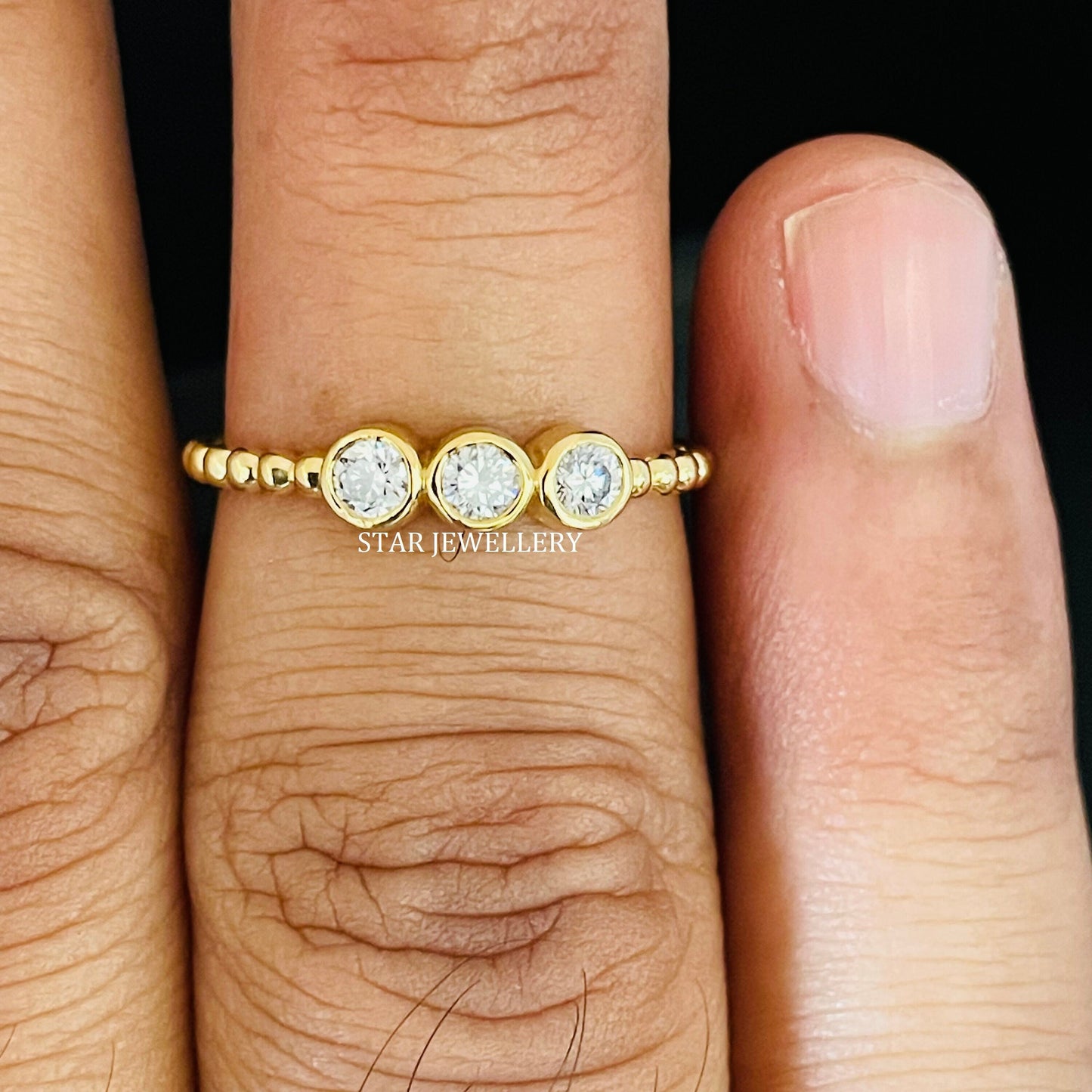 Bezel Set Three Stone LAB Diamond Beaded Shank Diamond Ring