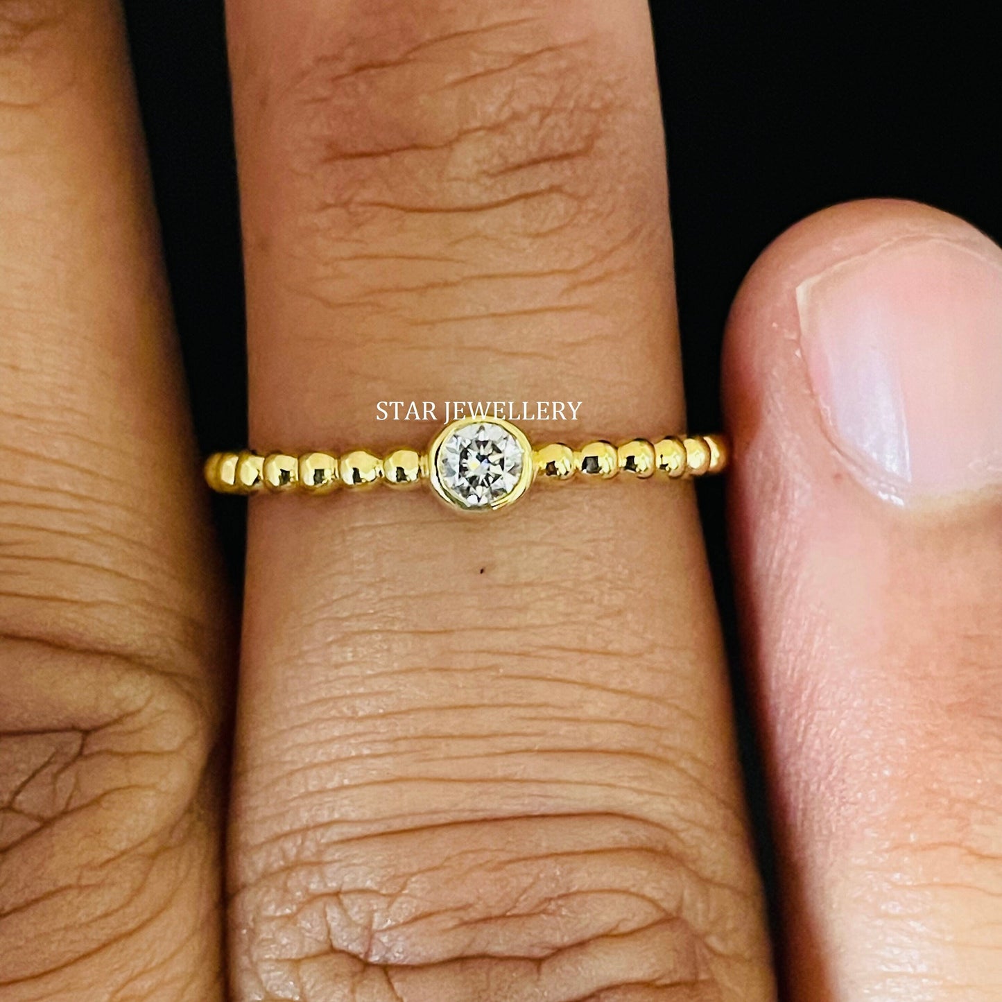 Bezel Set Single Stone LAB Diamond Beaded Shank Diamond Ring