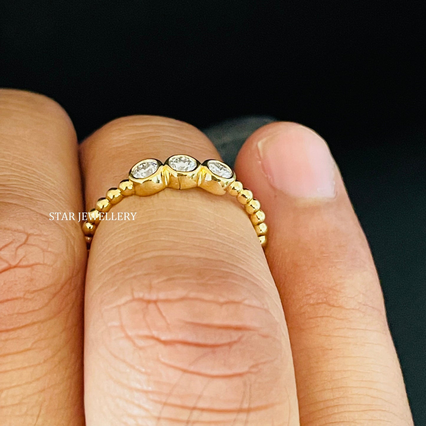 Bezel Set Three Stone LAB Diamond Beaded Shank Diamond Ring