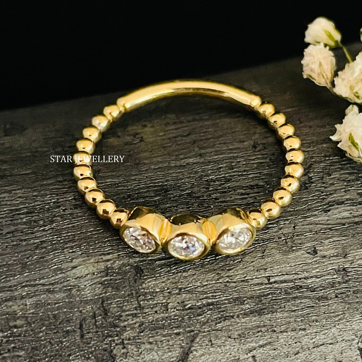 Bezel Set Three Stone LAB Diamond Beaded Shank Diamond Ring