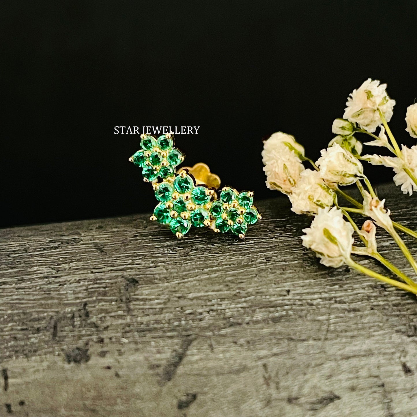 14K Solid Gold CZ Green Diamond Climber Earrings