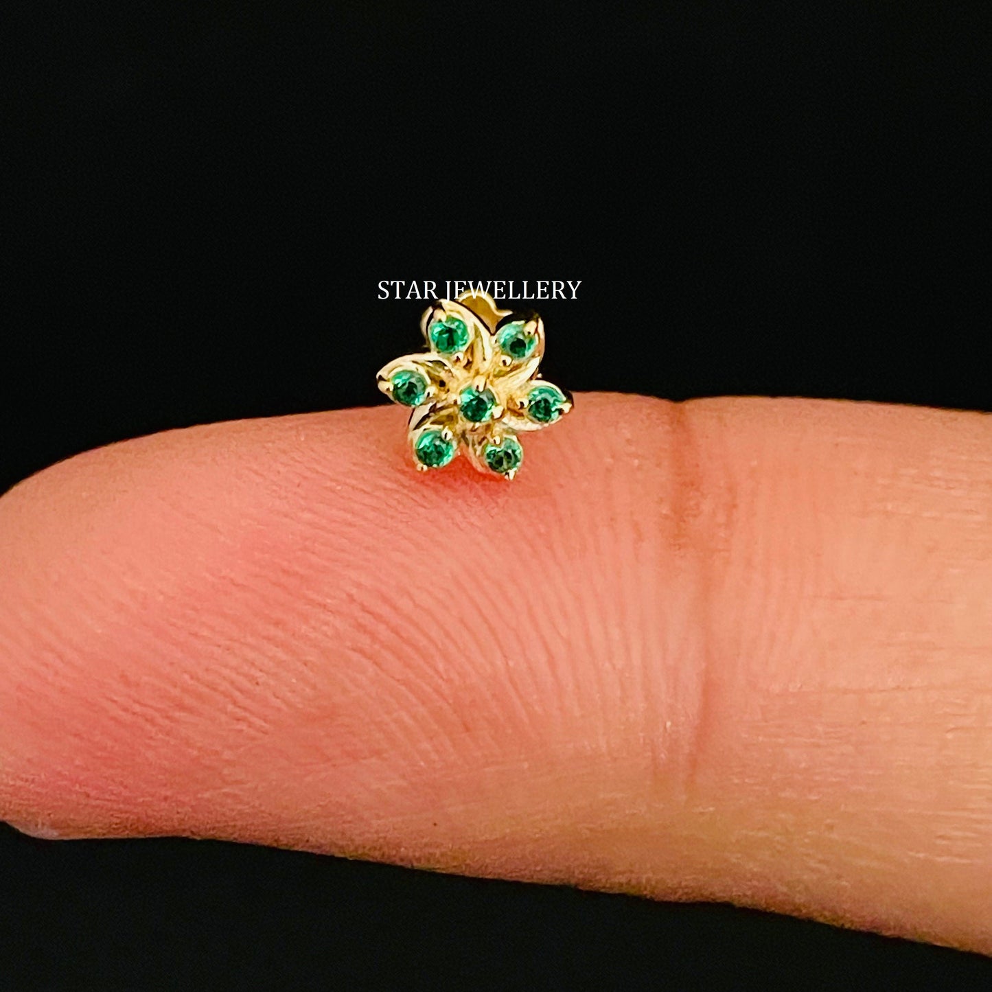 14K Gold Green Diamond Cluster Floral External Threaded Piercing