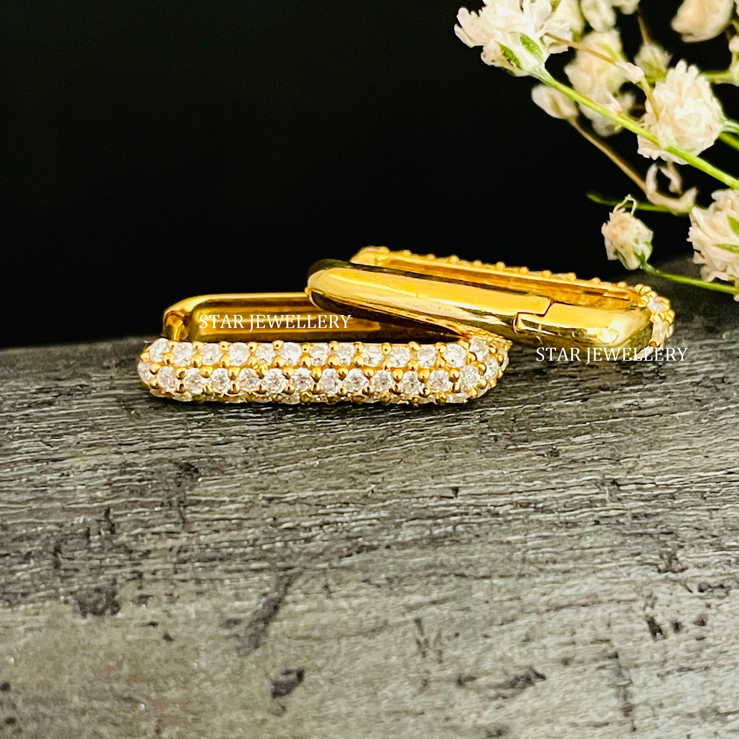 Natural Diamond Soldi Gold Rectangular Hoop Earring