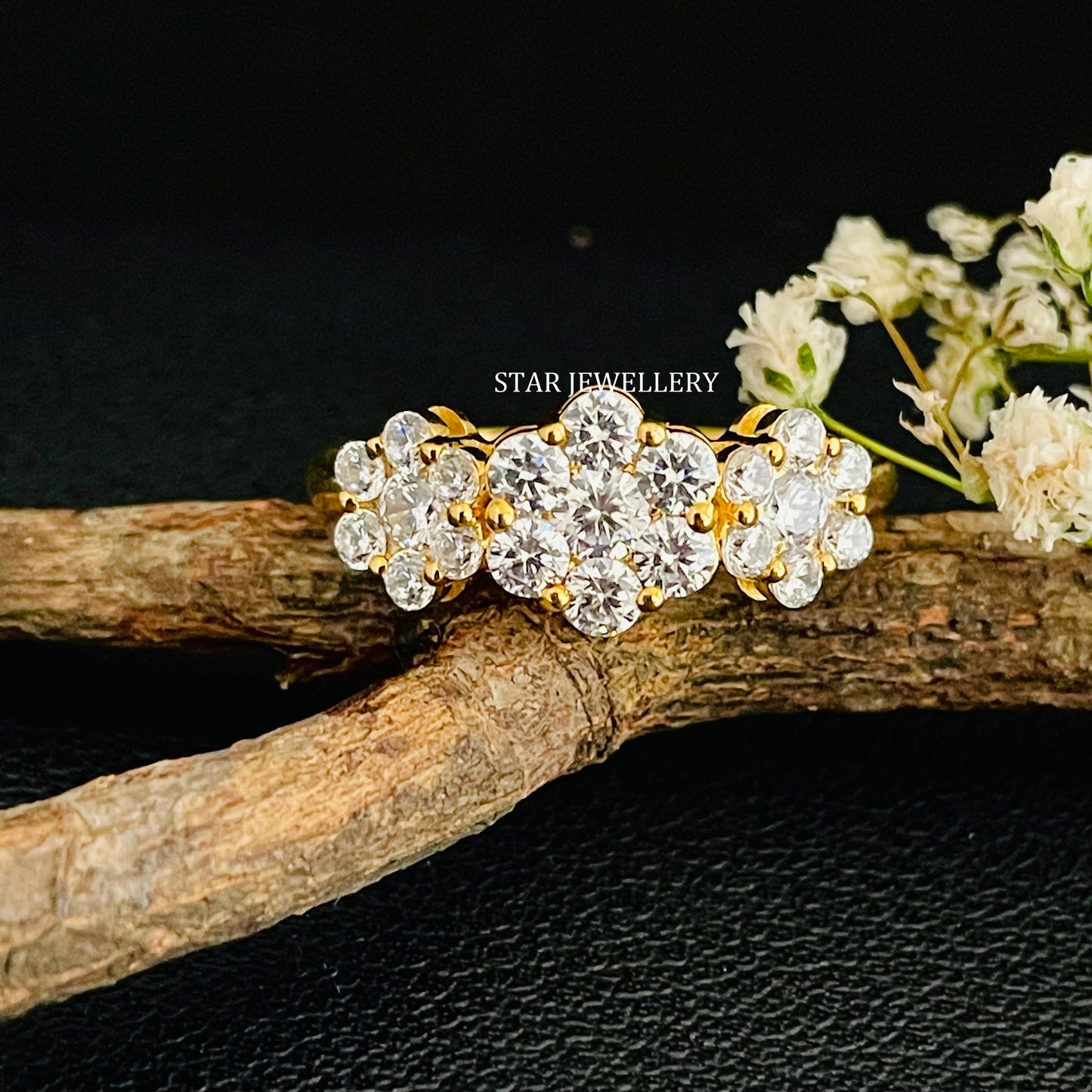 14K Gold Three Flower LAB Diamond Ring
