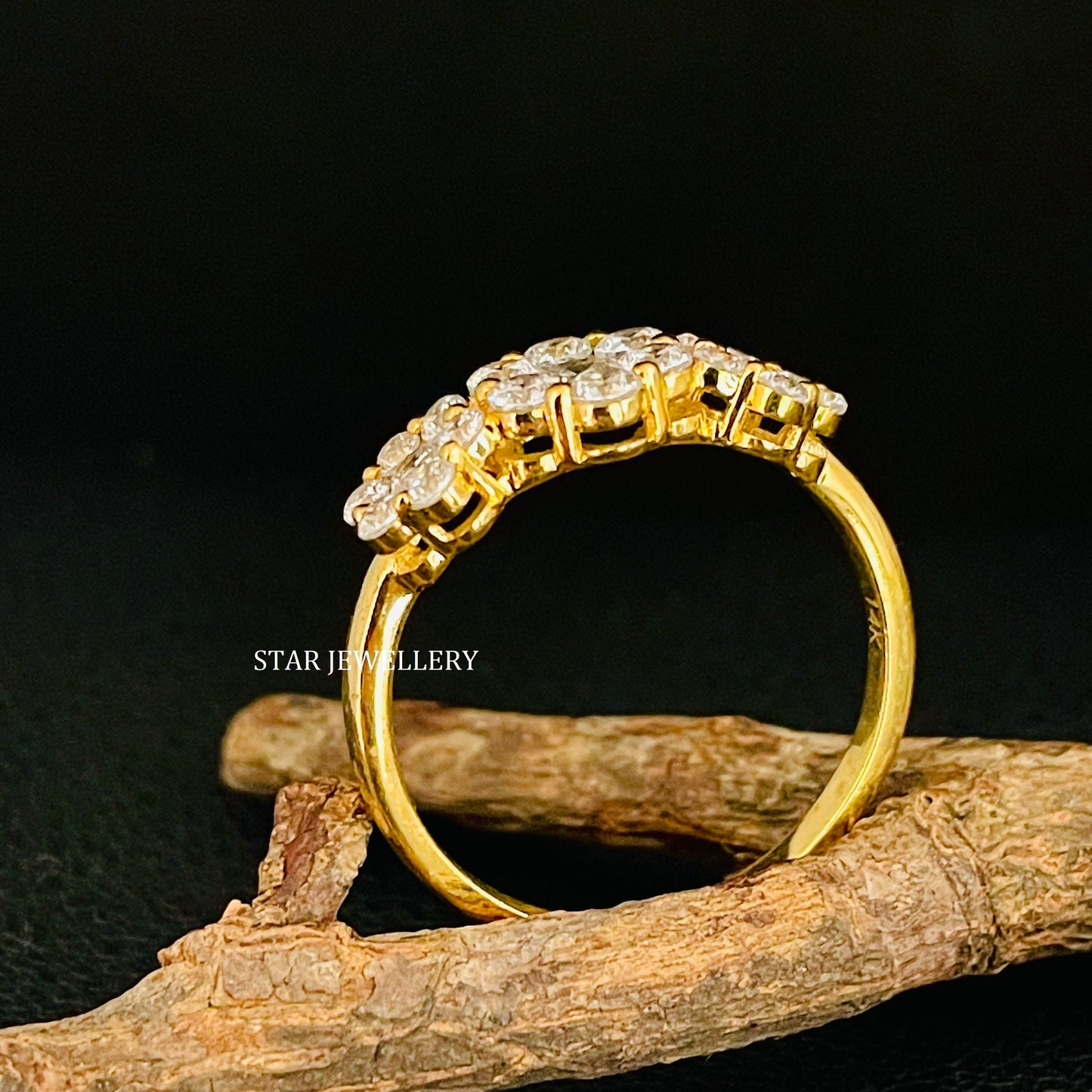 14K Gold Three Flower LAB Diamond Ring