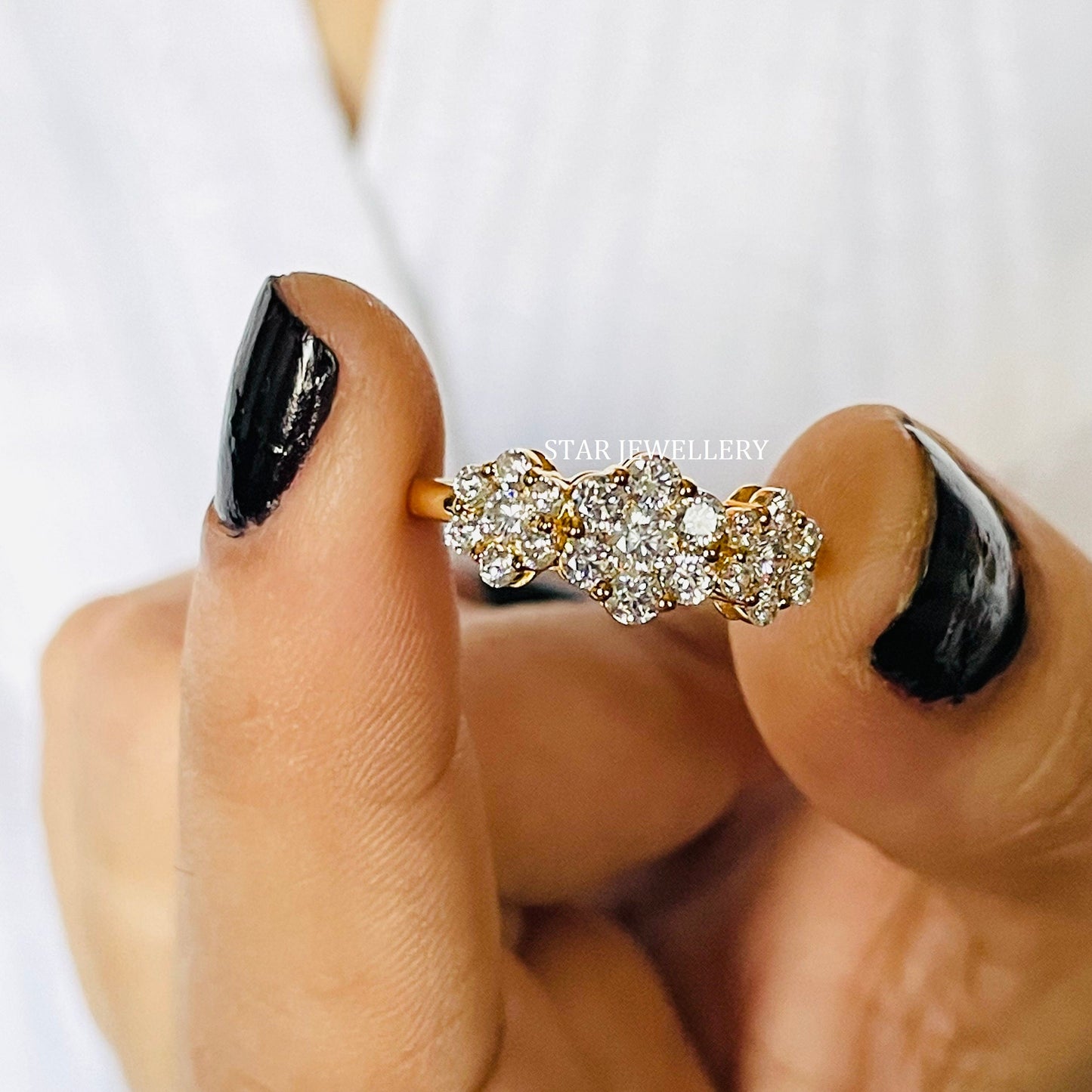 14K Gold Three Flower LAB Diamond Ring