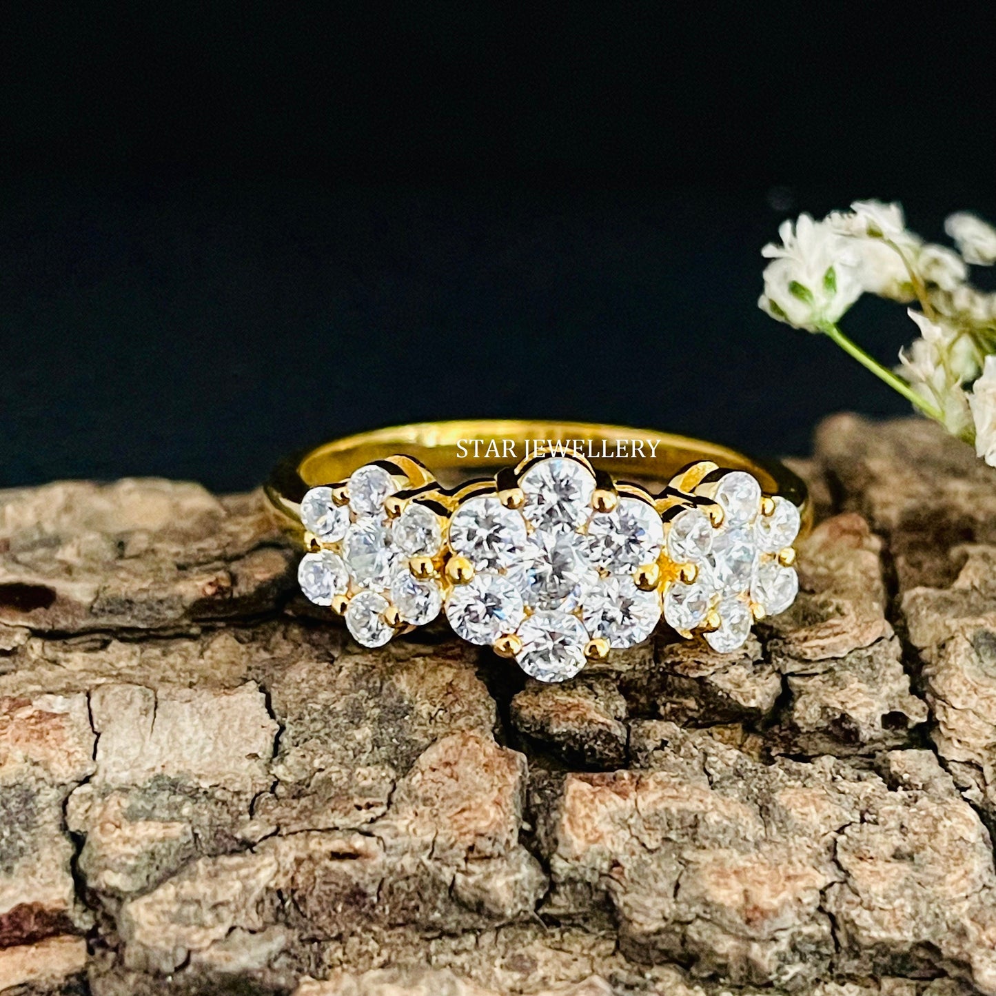 14K Gold Three Flower LAB Diamond Ring