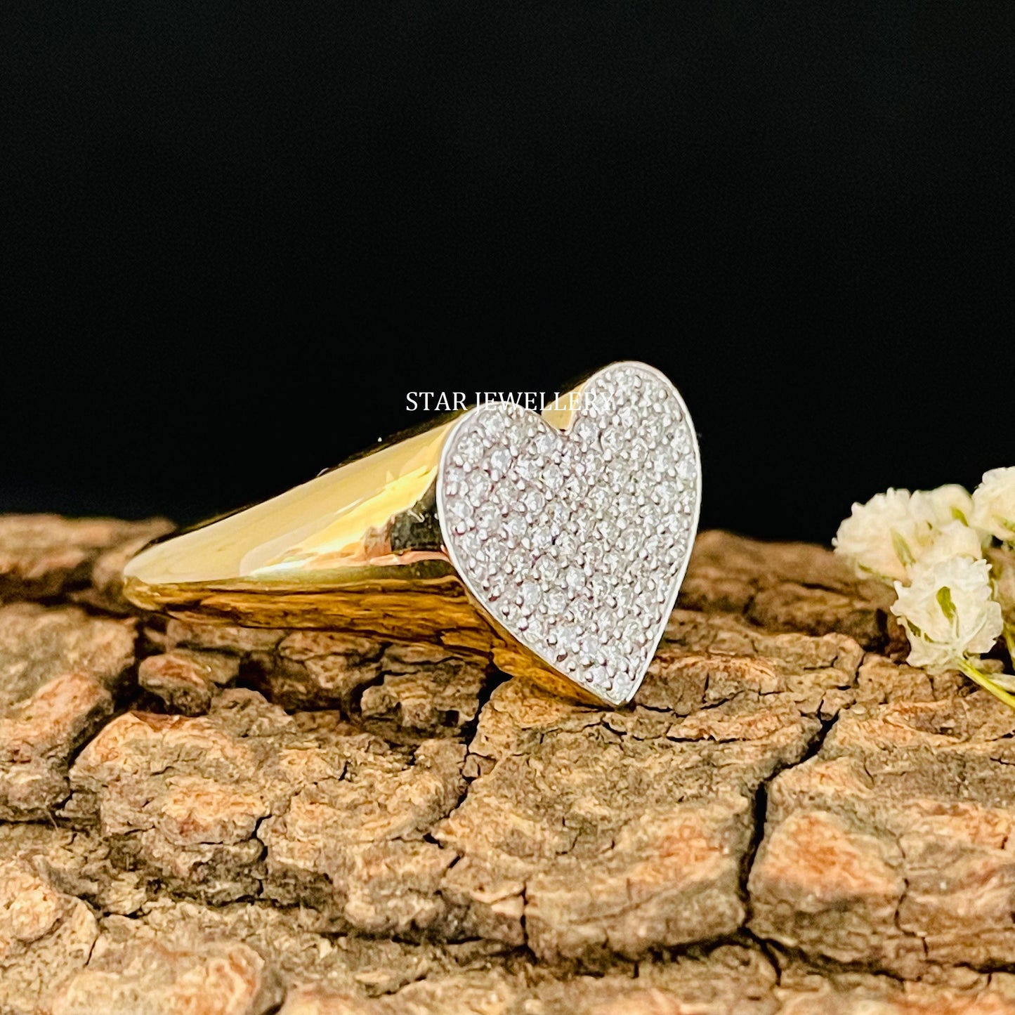 14K Gold LAB Diamond Heart Signet Ring