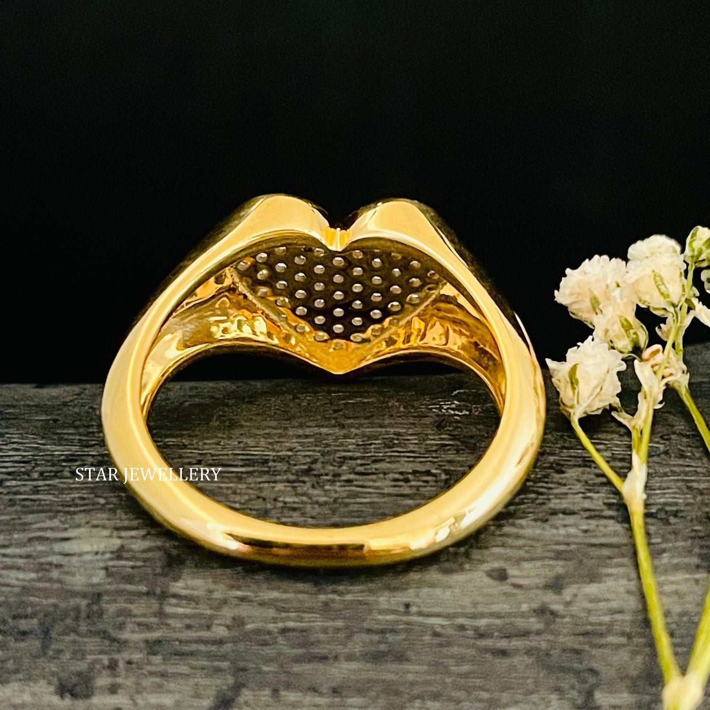 14K Gold LAB Diamond Heart Signet Ring