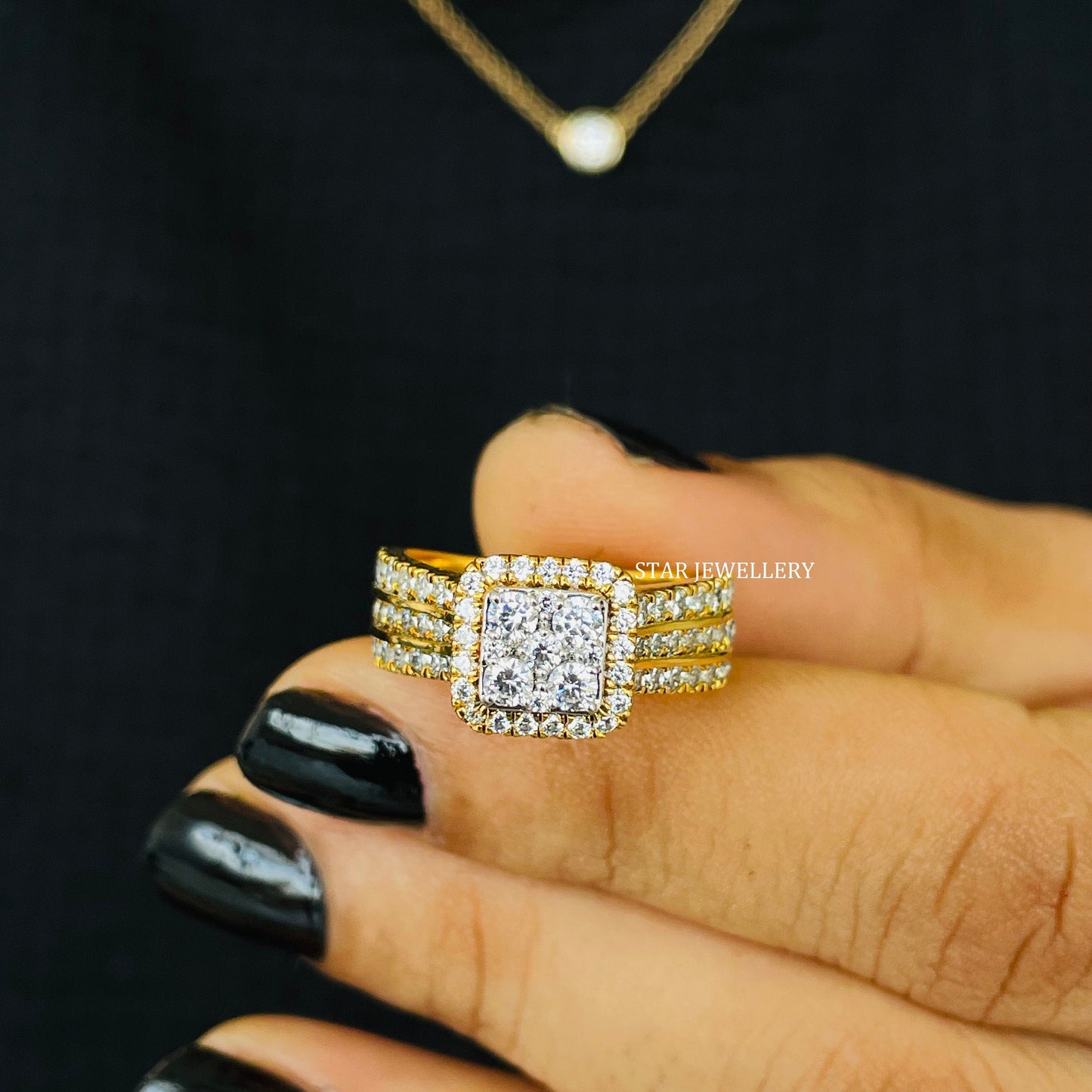 Square LAB Diamond Cluster Halo Engagement Ring with 14K Solid Gold