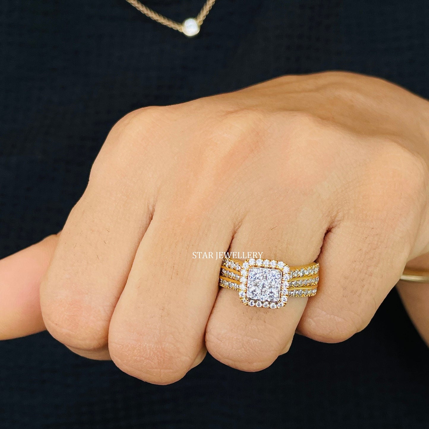 Square LAB Diamond Cluster Halo Engagement Ring with 14K Solid Gold