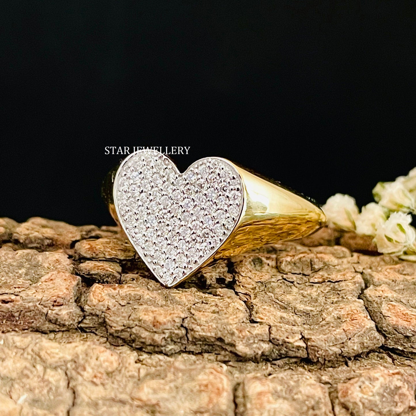 14K Gold LAB Diamond Heart Signet Ring