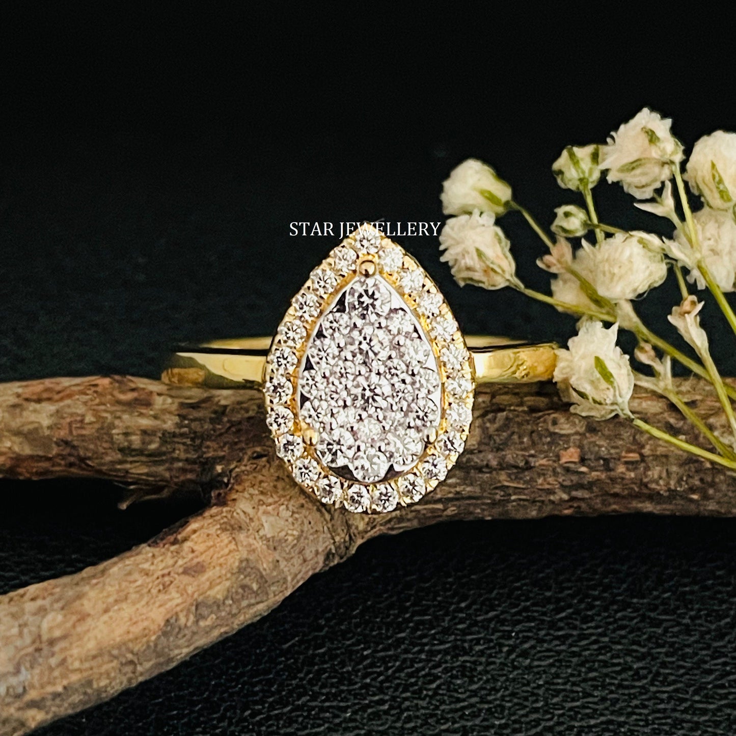 Solid Gold Natural Diamond Pear Shape Diamond Cluster Halo Ring