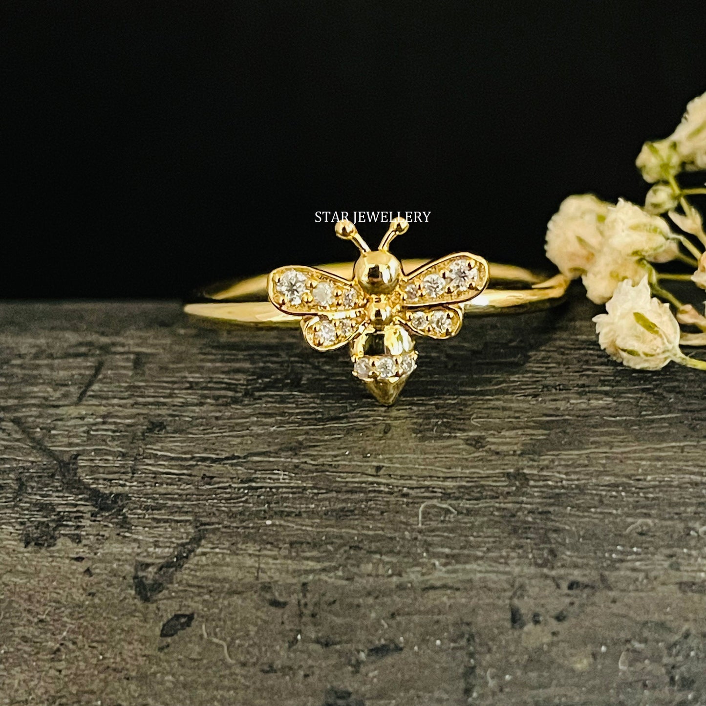 Solid Gold LAB Diamond Dainty BEE Ring