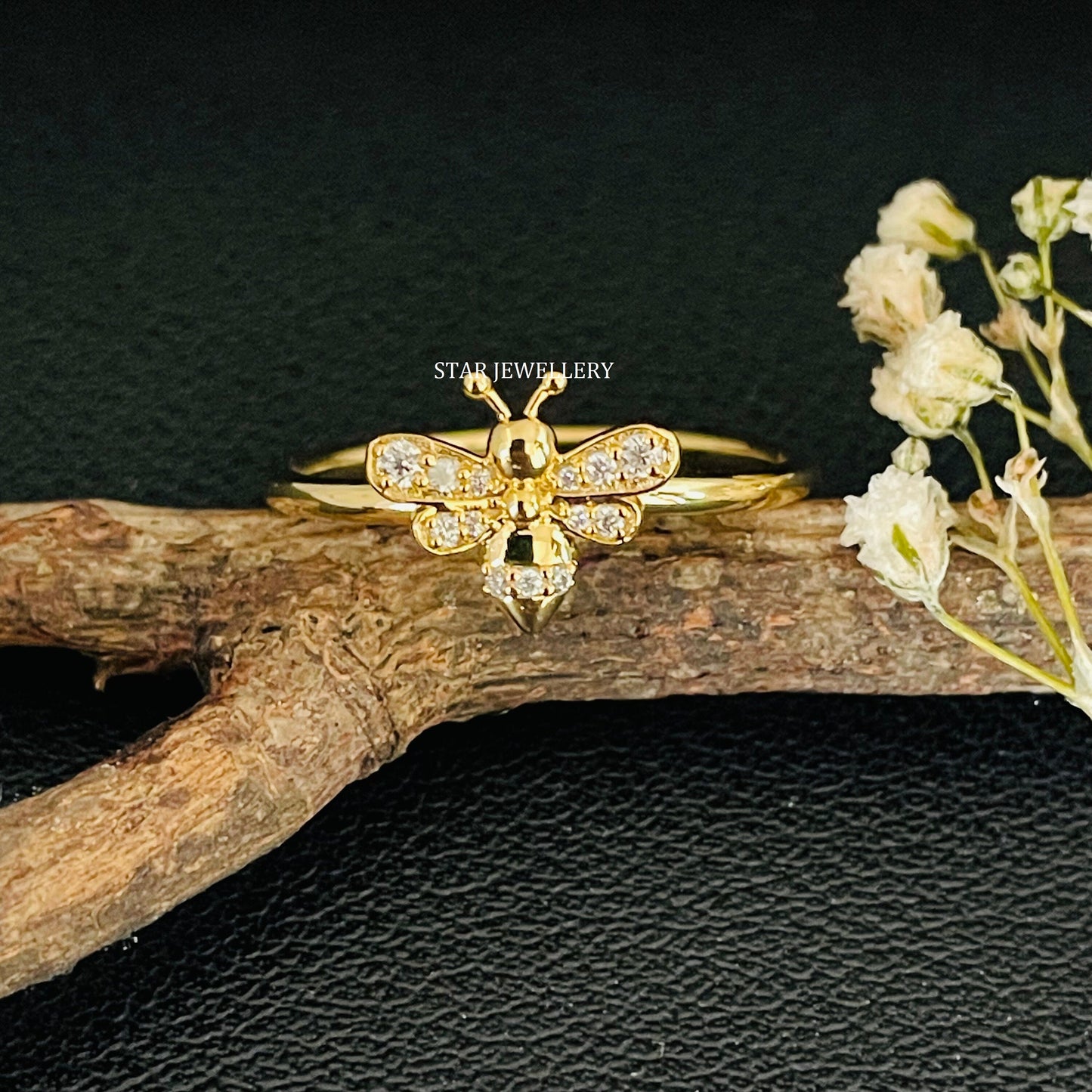 Solid Gold LAB Diamond Dainty BEE Ring