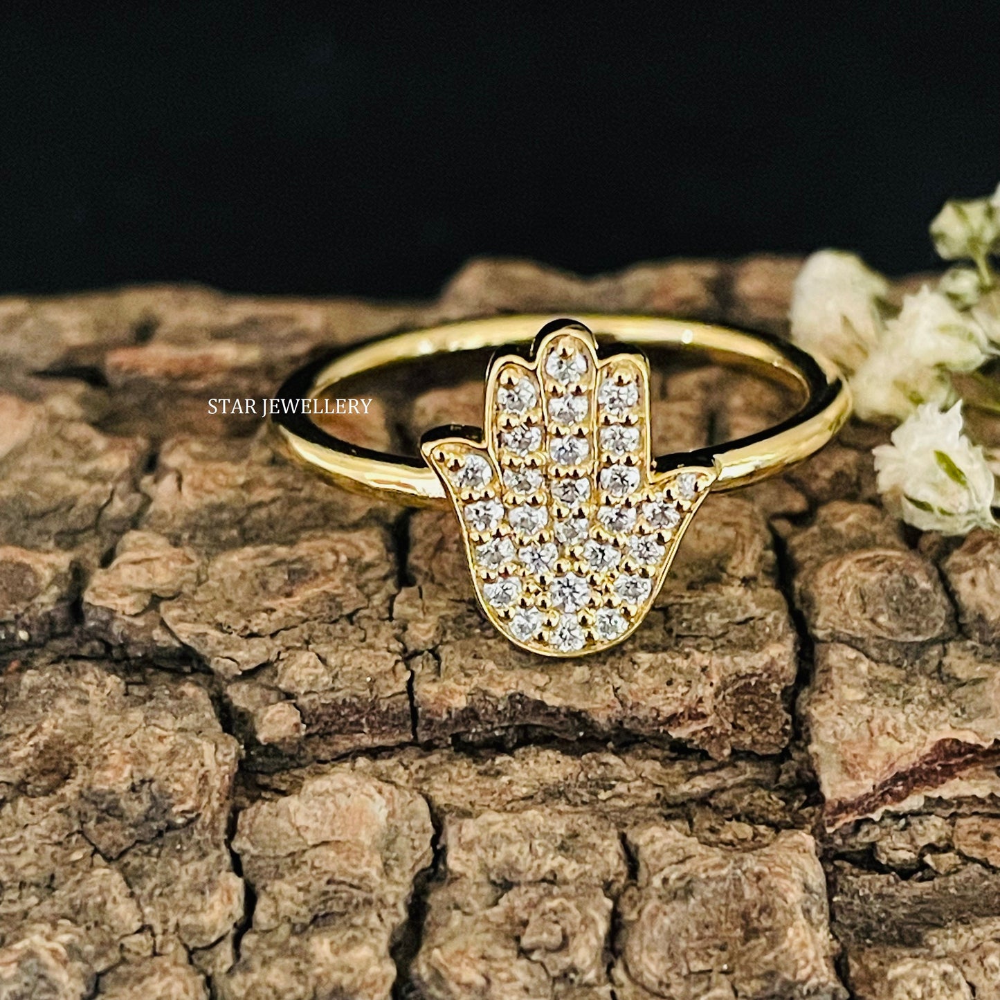 Solid Gold LAB Diamond Hamsa Ring