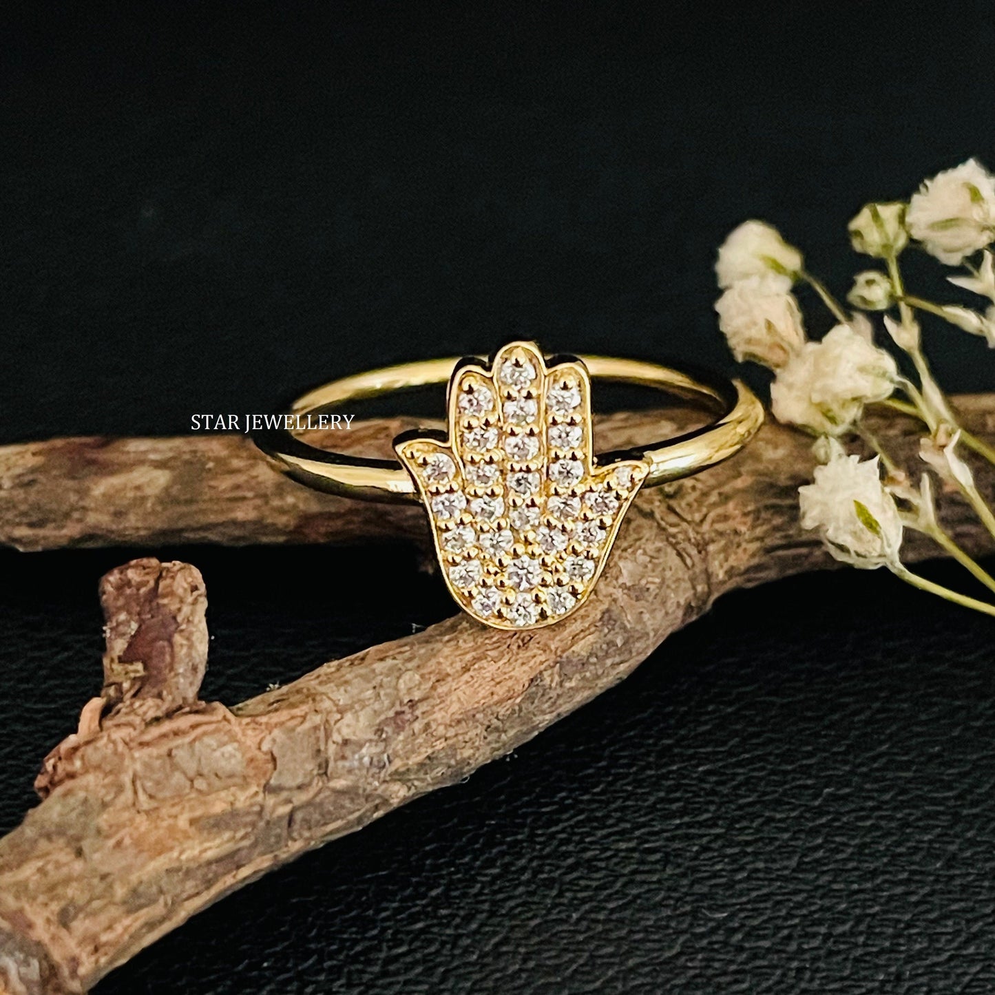 Solid Gold LAB Diamond Hamsa Ring