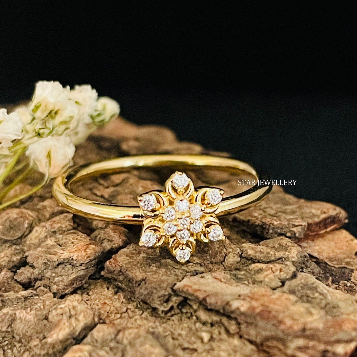 14K Solid Gold LAB Diamond Multi Stone Flower Ring