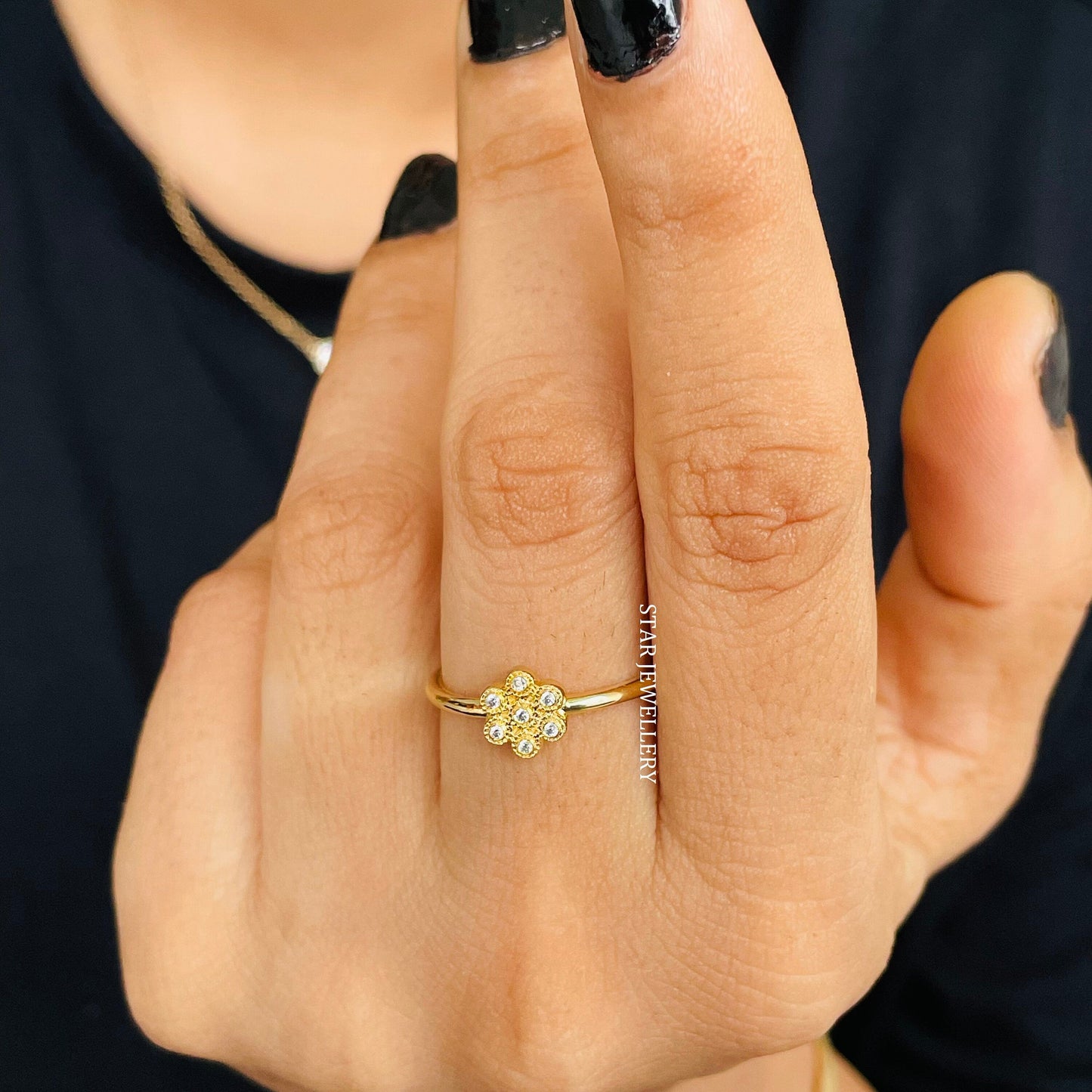 14K Solid Gold Natural Diamond Multi Stone Flower Ring