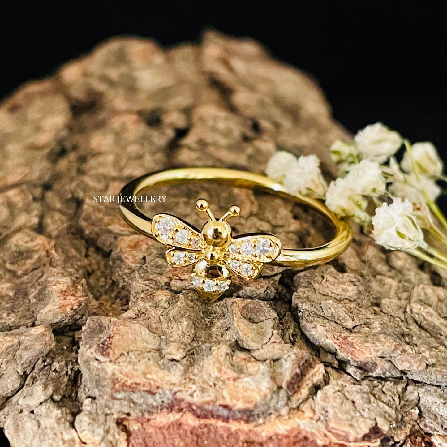 Solid Gold LAB Diamond Dainty BEE Ring