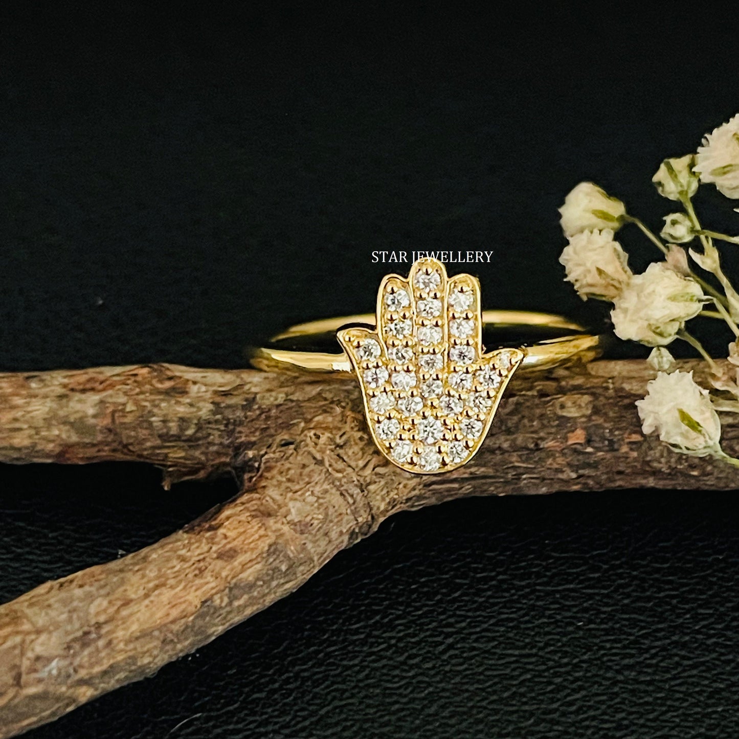 Solid Gold LAB Diamond Hamsa Ring