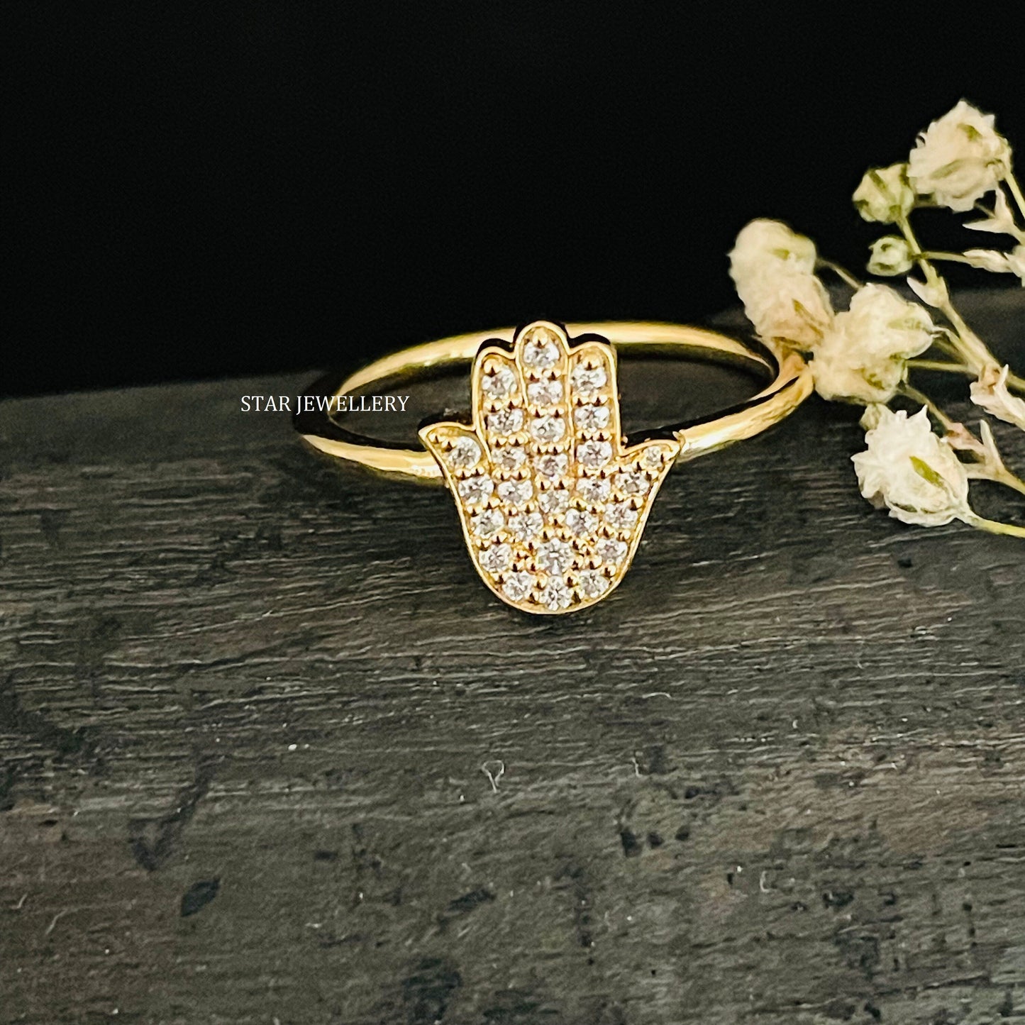 Solid Gold LAB Diamond Hamsa Ring
