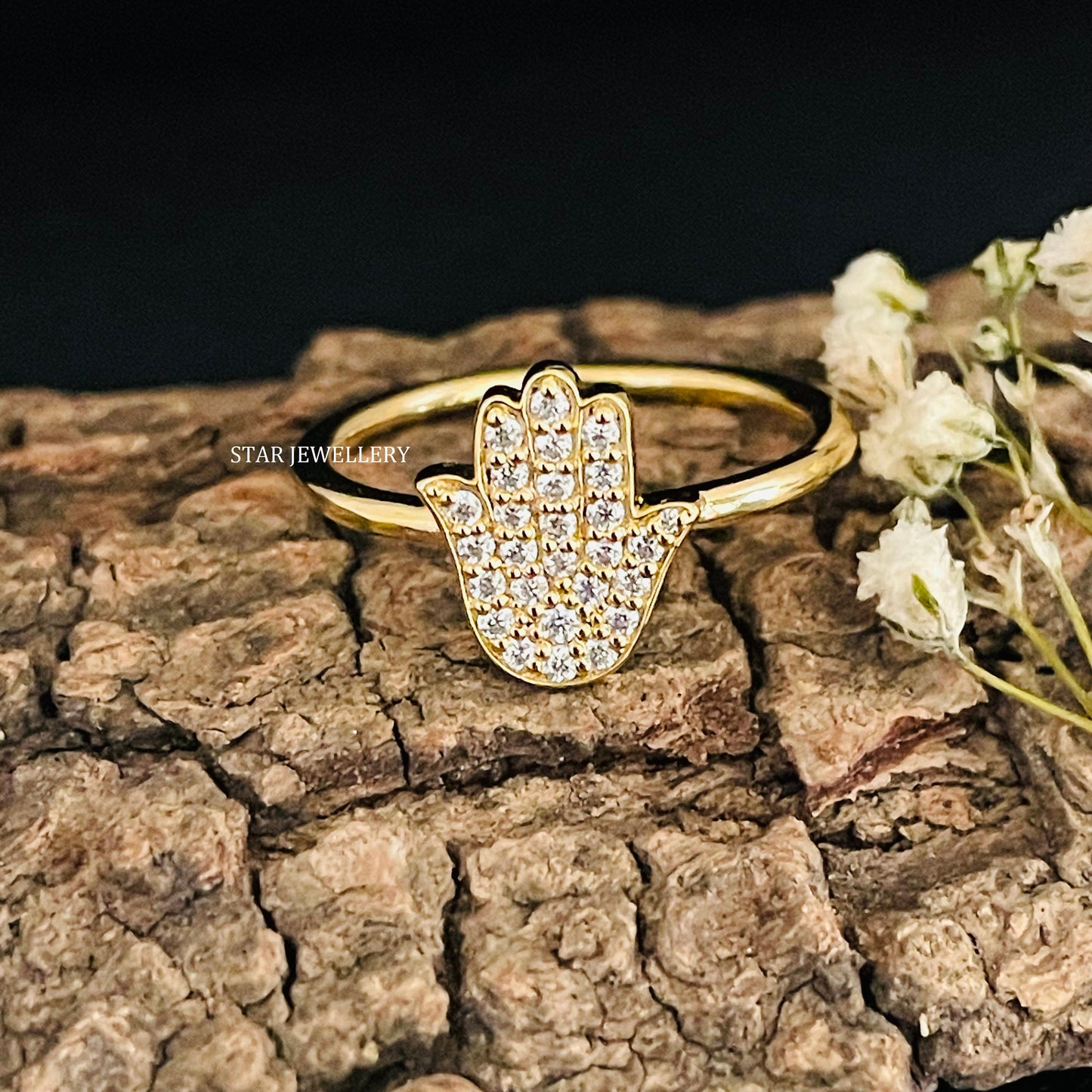 Solid Gold LAB Diamond Hamsa Ring