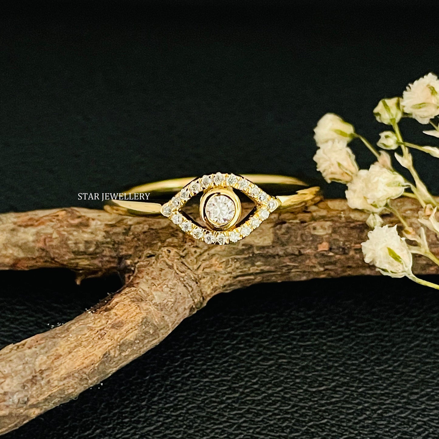 14K Solid Gold Natural Diamond Evil Eye Ring
