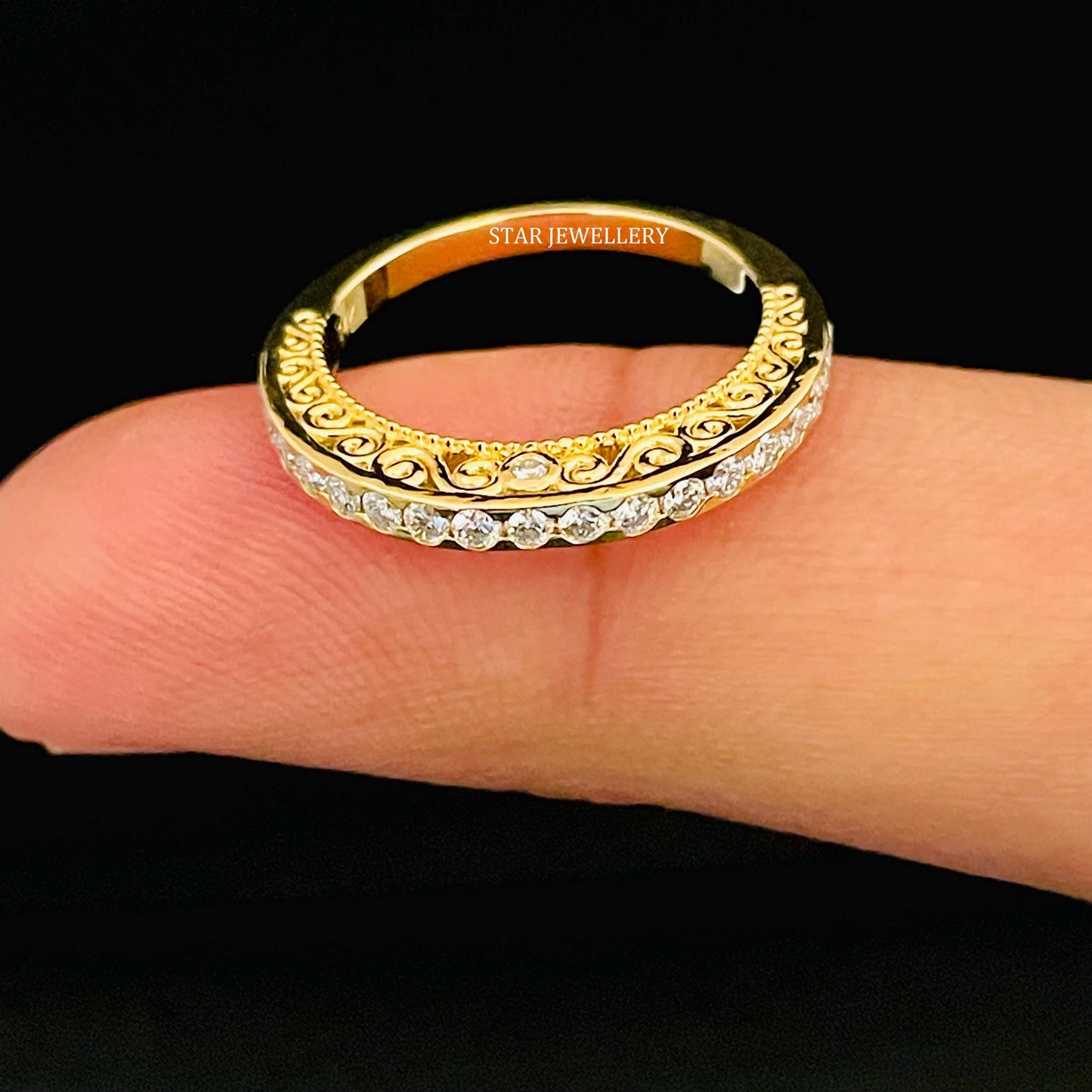 Solid Gold Half Eternity LAB Diamond Miligrain Ring