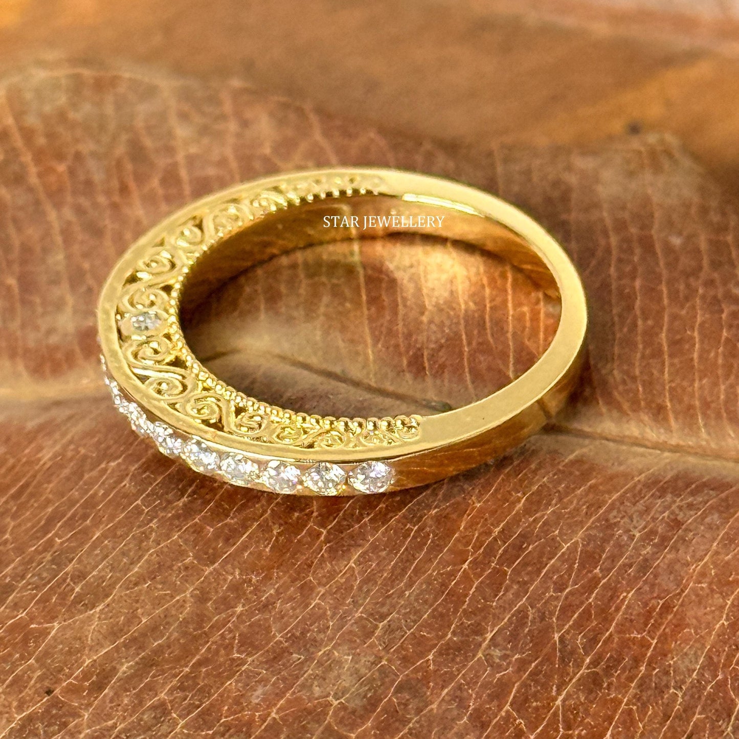 Solid Gold Half Eternity LAB Diamond Miligrain Ring