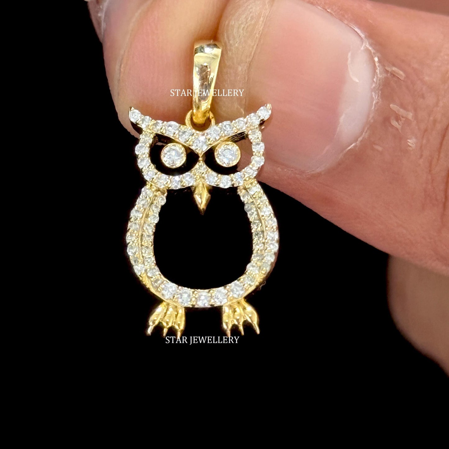 14K Gold Natural Diamond Owl Pendant