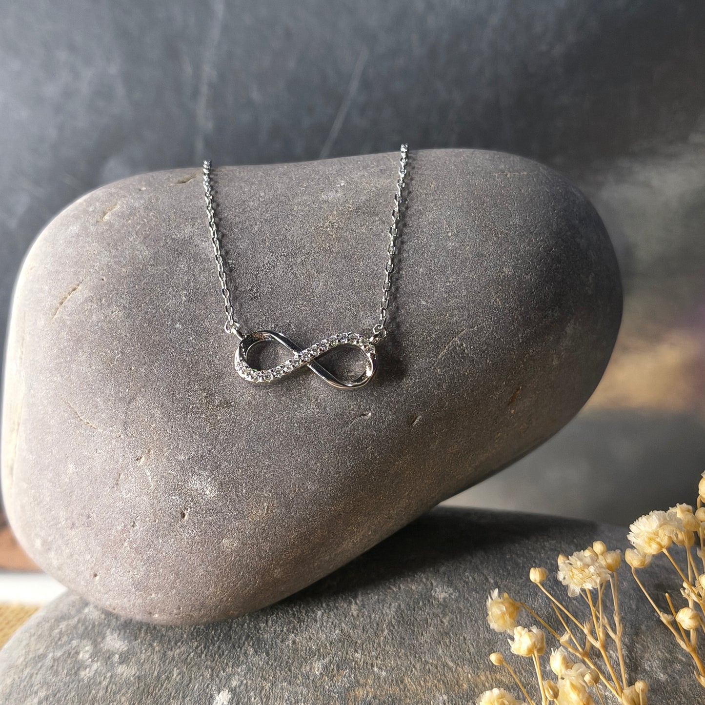 Silver infinity symbol necklace on a dark stone surface with dried flowers.