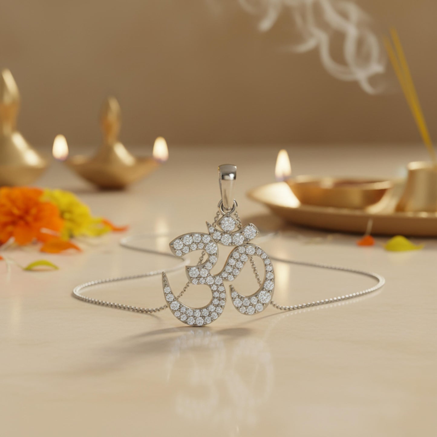 Silver OM Signature Moissanite Diamond Pendant Small