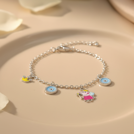 Silver Peppa Pig & Evil Eye Baby Bracelet