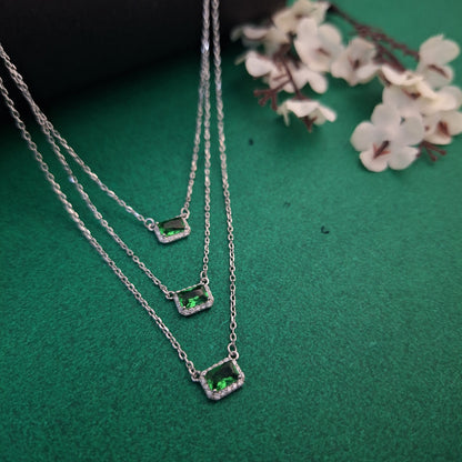 Silver Emerald Glow Triple-Layer Necklace