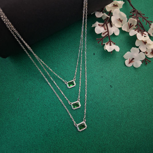 Silver Emerald Glow Triple-Layer Necklace