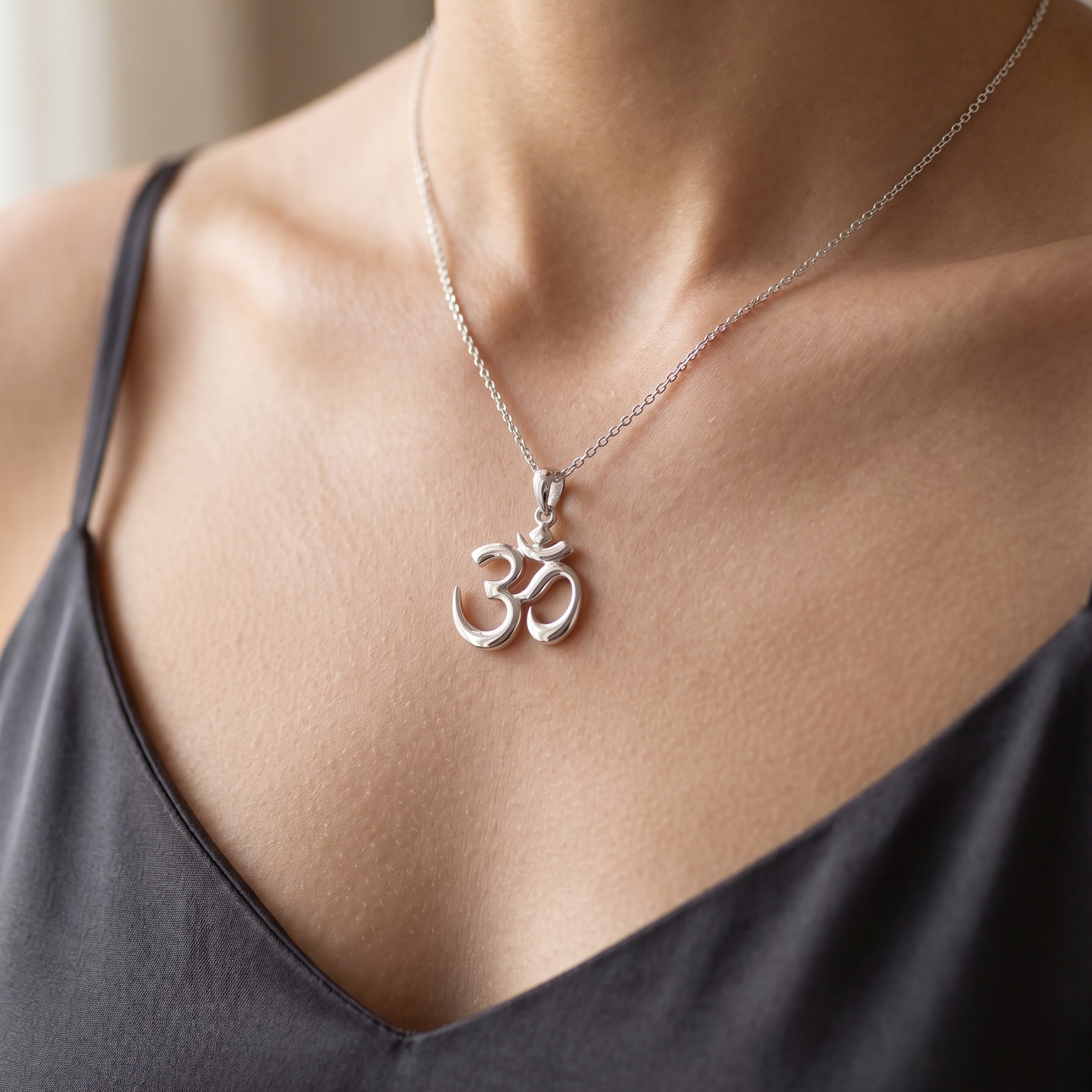 Silver Om pendant necklace on a person wearing a dark top.