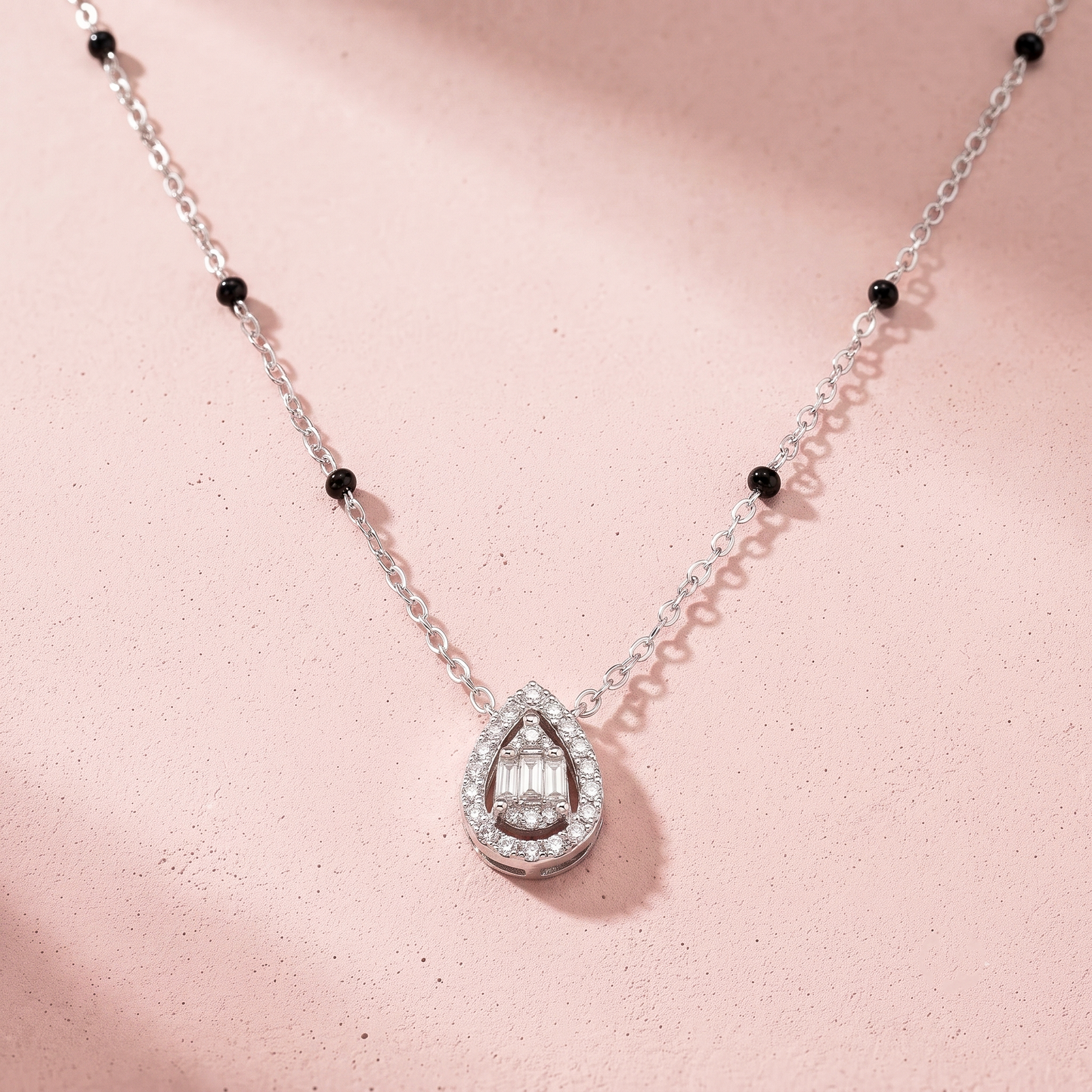 925 Sterling Pear Shape Halo Diamond Mangalsutra