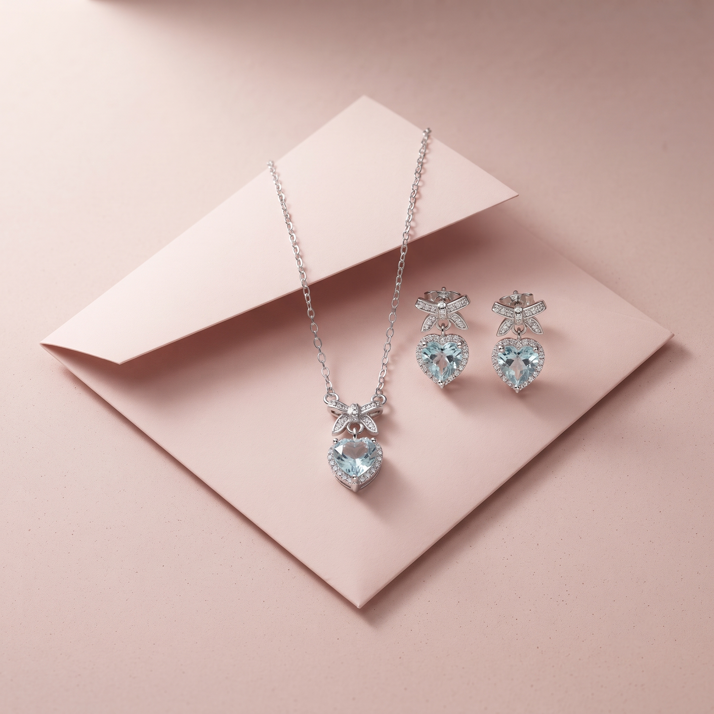 Silver Aquamarine Heart Bow Necklace Set