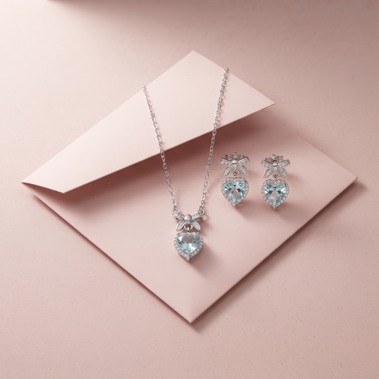 Silver Aquamarine Heart Bow Necklace Set