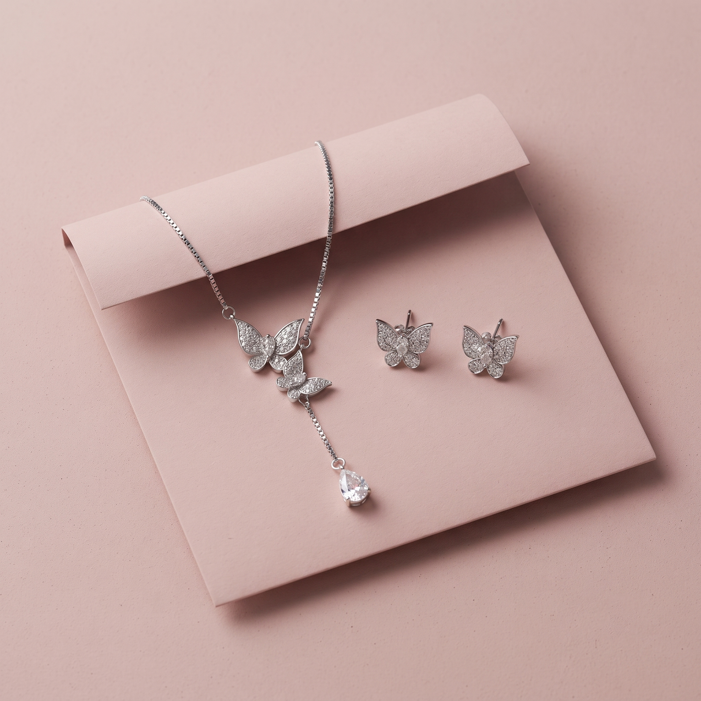 Silver Dainty Butterfly Necklace Set